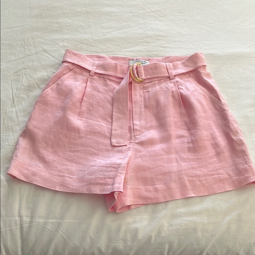 Pink High Waist Shorts - Linen, fully lined, belt, front pockets and back pocket